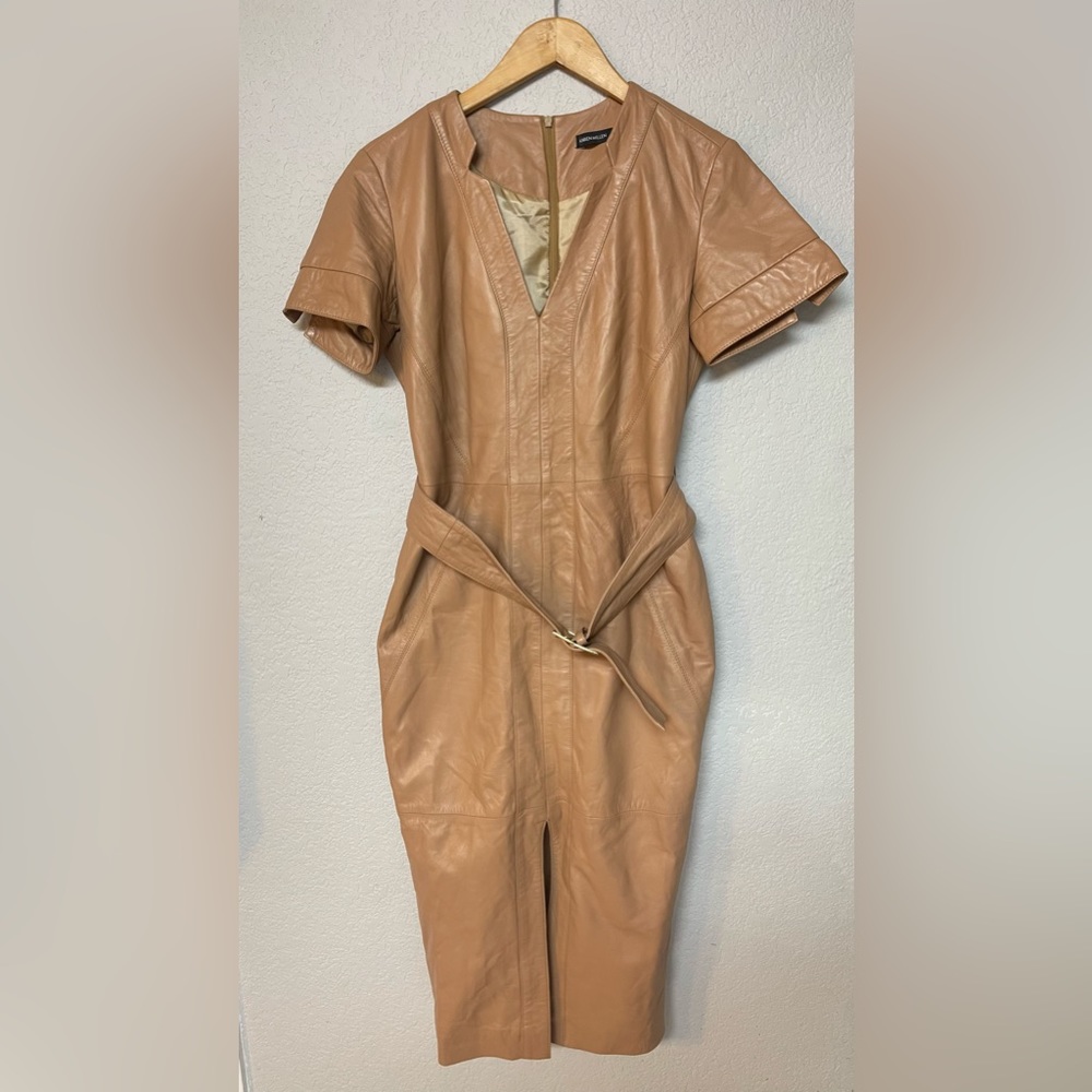 Karen Millen Lamb Leather Forever Short Sleeve Pencil Midi Dress Tan Brown Sz 6 - Picture 2 of 6
